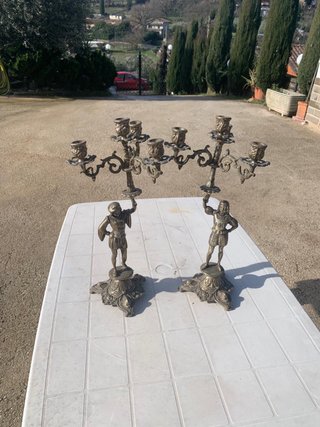 Coppia Candelabri Antichi Bronzo Figure Uomo