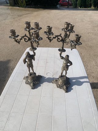 Coppia Candelabri Antichi Bronzo Figure Uomo