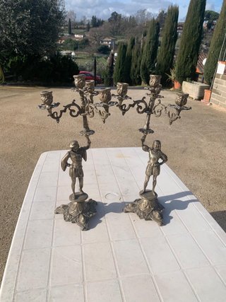 Coppia Candelabri Antichi Bronzo Figure Uomo