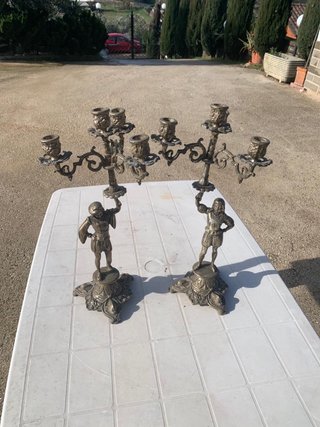 Coppia Candelabri Antichi Bronzo Figure Uomo