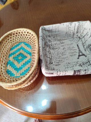 Conjunto 5 paneras mimbre bambú tela