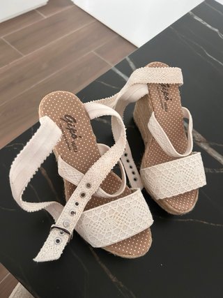 Ibiza Sandalias Cuña Encaje Beige