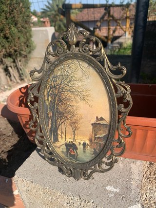 Quadro antico cornice ottone scena invernale