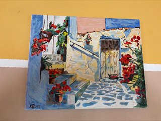 Cuadro al óleo Escaleras con flores