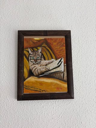 Cuadro al óleo de gato con gafas