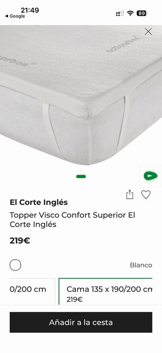 Topper Visco Confort Superior Cama 135 x 190/200