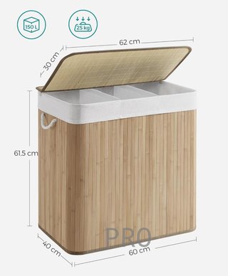 Cesto per bucato SONGMICS (150 L, 3 scomparti, coperchio in bambù, maniglie, pieghevole, sacchetto rimovibile lavabile in lavatrice, per lavanderia, camera da letto, colore legno LCB091N01)