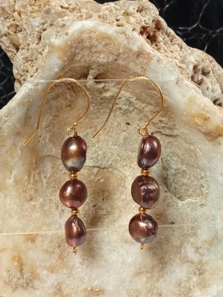 Pendientes Perlas Barrocas ChocolateOro agua dulce