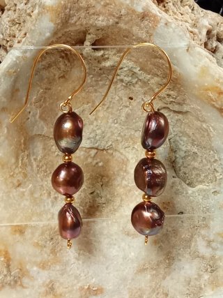 Pendientes Perlas Barrocas ChocolateOro agua dulce