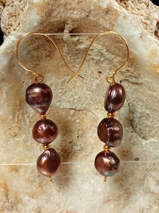 Pendientes Perlas Barrocas ChocolateOro agua dulce