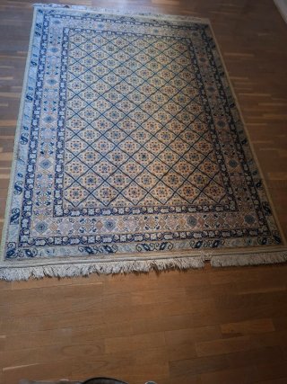 Alfombra antigua de lana beige y azul