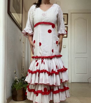 Traje Flamenca Blanco y Rojo