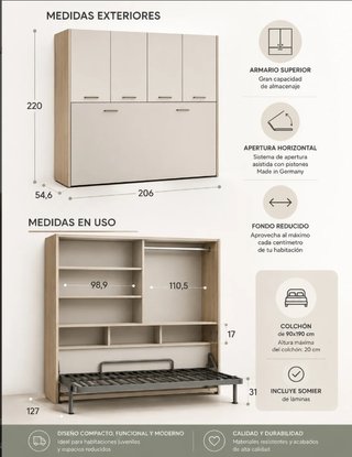 Cama abatible horizontal con armario superior para