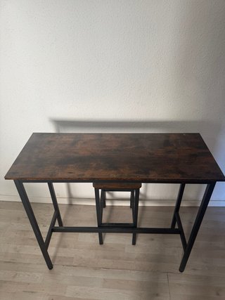 Mesa alta roble industrial con 2 taburetes