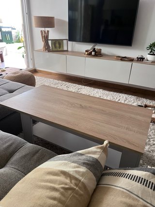 Mesa de centro elevable madera y mimbre