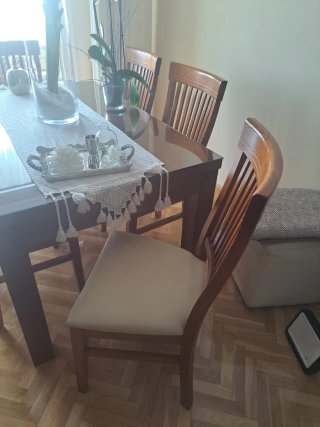 6 Sillas de Comedor Madera y piel Beige