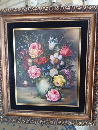Cuadro óleo flores marco madera