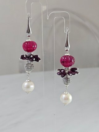 Orecchini in argento 925, rubini, perle e granato