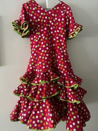 Traje Flamenco Niña  fucsia y Multicolor Lunares