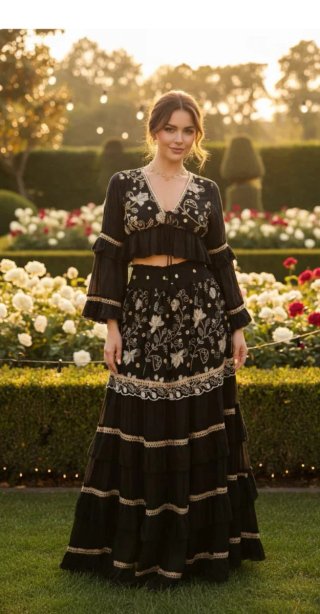 Conjunto bohemio bordado negro y dorado