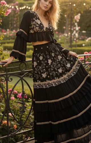 Conjunto bohemio bordado negro y dorado
