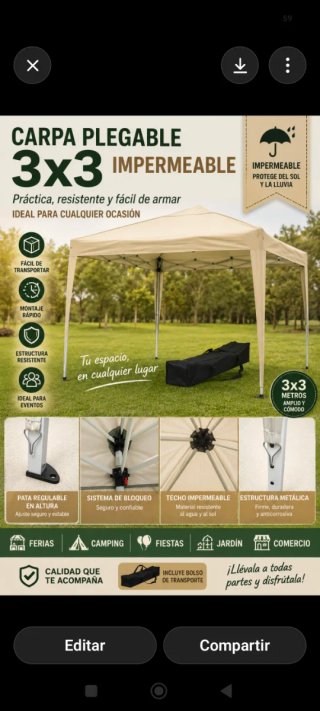 Carpa Plegable 3x3 Impermeable Beige.Nueva!!