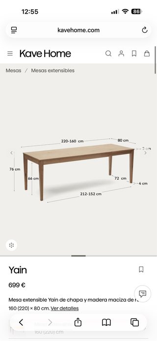 Meda extensible kave home 220-160cm