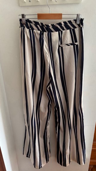 Pantalón rayas cintura alta beige y azul satinado