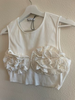 Top Zara Mujer Flores Blanco Talla M