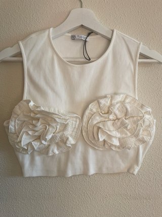 Top Zara Mujer Flores Blanco Talla M