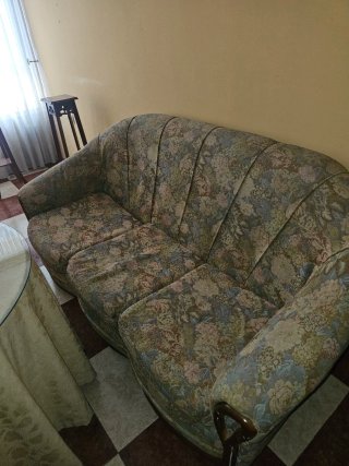 Sofá y sillón de tela y madera