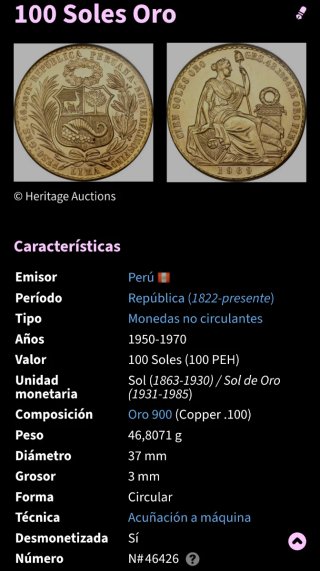 Moneda de Oro 100 soles de Peru 1959