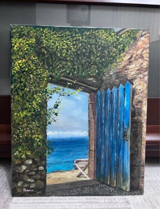 Cuadro pintado a mano mar y puerta