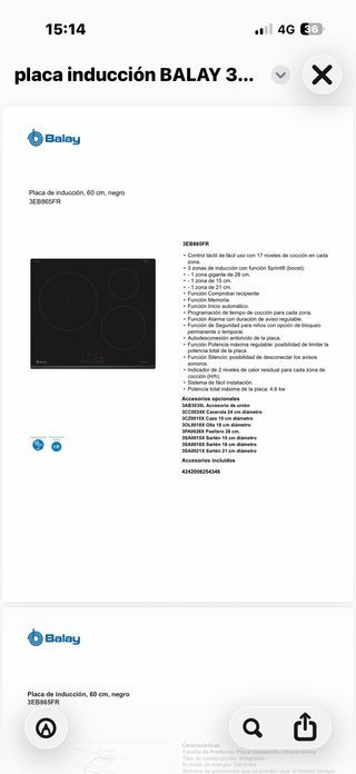 Placa inducción Balay 60cm Negra