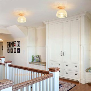 Lampada da soffitto vintage in rattan e legno