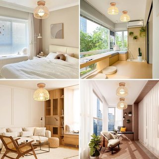 Lampada da soffitto vintage in rattan e legno