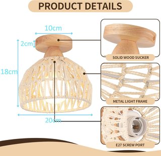 Lampada da soffitto vintage in rattan e legno