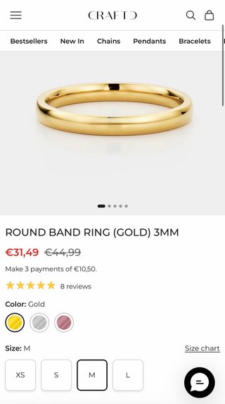 Anillo Craftd 3mm Bañado en Oro 18k talla M