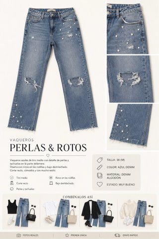 Jeans Zara Perlas y Rotos Talla 34