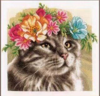 Kit Punto de Cruz Gato con Flores