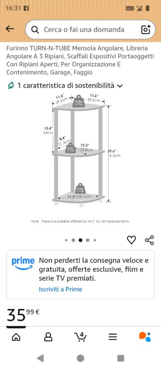 Libreria angolare 3 ripiani cm 75x29.5