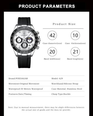 Reloj Poedagar Hombre Negro y Plateado