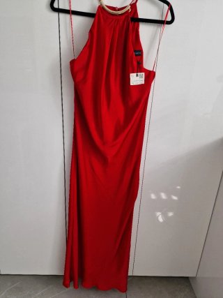 Vestido rojo largo halter satinado