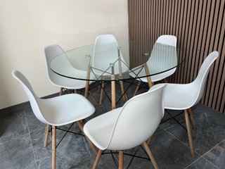 Mesa cristal redonda + 6 sillas blancas! oferton!!
