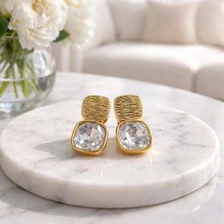 Pendientes Cuadrados Acero Oro con Circonita