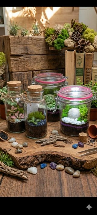 Terrario artesanal con plantas y musgo