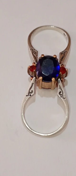 Anillo Plata 925 Doblé Oro Bajo Piedras Rojas