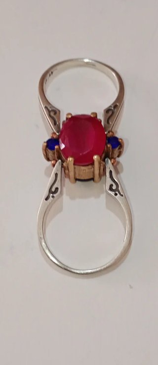 Anillo Plata 925 Doblé Oro Bajo Piedras Rojas