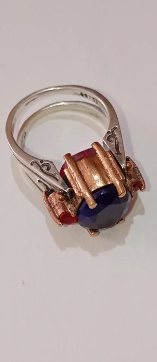 Anillo Plata 925 Doblé Oro Bajo Piedras Rojas