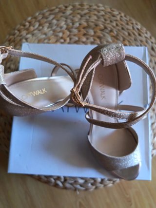 Zapatos de fiesta dorados tono champagne.